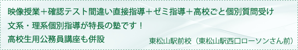 映像授業+確認テスト間違い直接指導+ゼミ指導+高校ごと個別質問受け。文系・理系個別指導が特長の塾です!高校生用公務員講座も併設