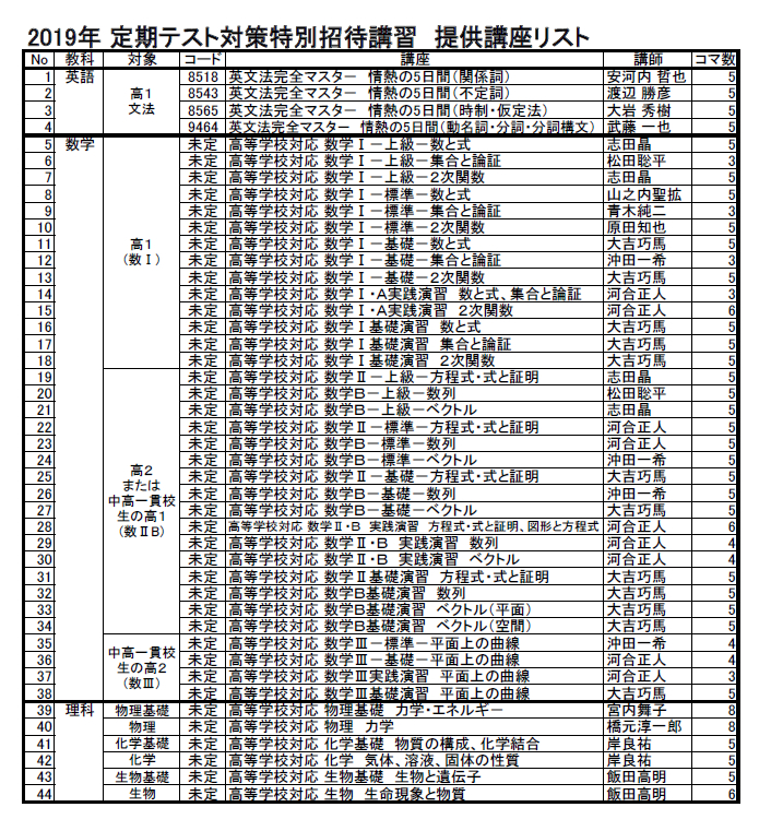 2019定期テスト対策招待講習講座リスト