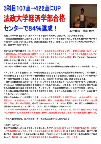 ３科目１０７点→４２２点にＵＰ 法政大学経済学部合格 共通テストで８４％達成！
